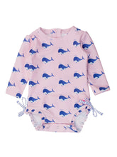 Load image into Gallery viewer, RuffleButts - Baby Girls Pink Whale Friends LS One Piece Swimsuit (0-24m)