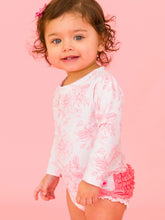 Load image into Gallery viewer, Rufflebutts- Baby Girls Bubblegum Pink Butterfly Garden Toile LS One Piece Rash Guard Swimsuit with Signature Rear Ruffles (0-24m)