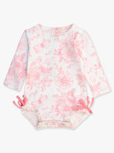 Load image into Gallery viewer, Rufflebutts- Baby Girls Bubblegum Pink Butterfly Garden Toile LS One Piece Rash Guard Swimsuit with Signature Rear Ruffles (0-24m)