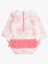 Load image into Gallery viewer, Rufflebutts- Baby Girls Bubblegum Pink Butterfly Garden Toile LS One Piece Rash Guard Swimsuit with Signature Rear Ruffles (0-24m)