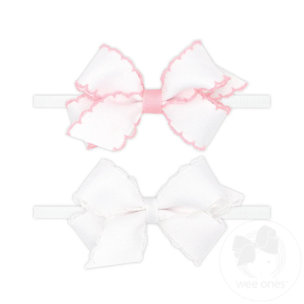 Wee Ones- Two Mini Grosgrain Bows with Moonstitch Edge on Skinny Nylon Band