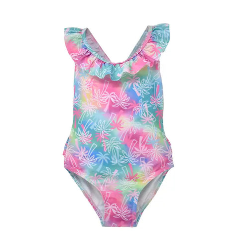 Flap Happy- UPF 50 Crossback Swimsuit (Pink Tropical Palms, 2-6y)