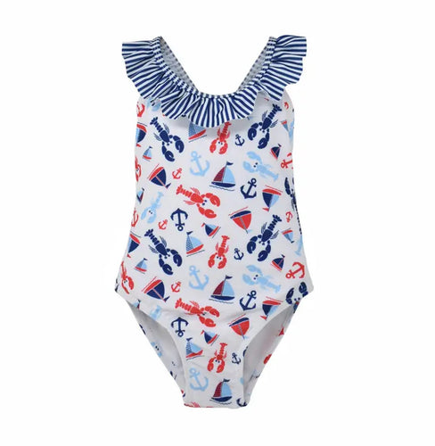 Flap Happy- UPF 50 Crossback Swimsuit (Sunday Sails, 12m-24m)